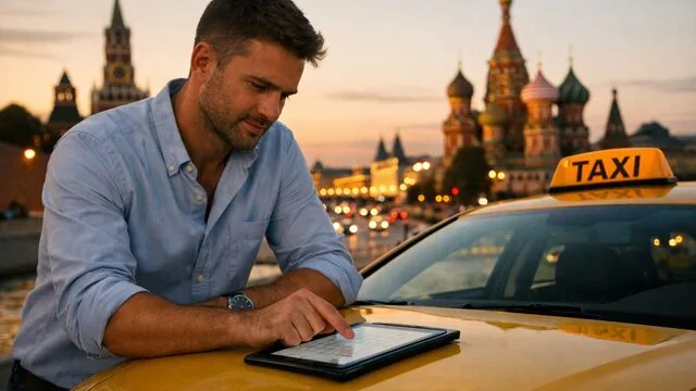 Арендованный автомобиль такси на стоянке вечером