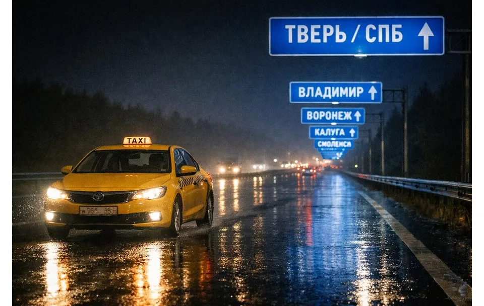Ночной город и автомобиль такси на проспекте
