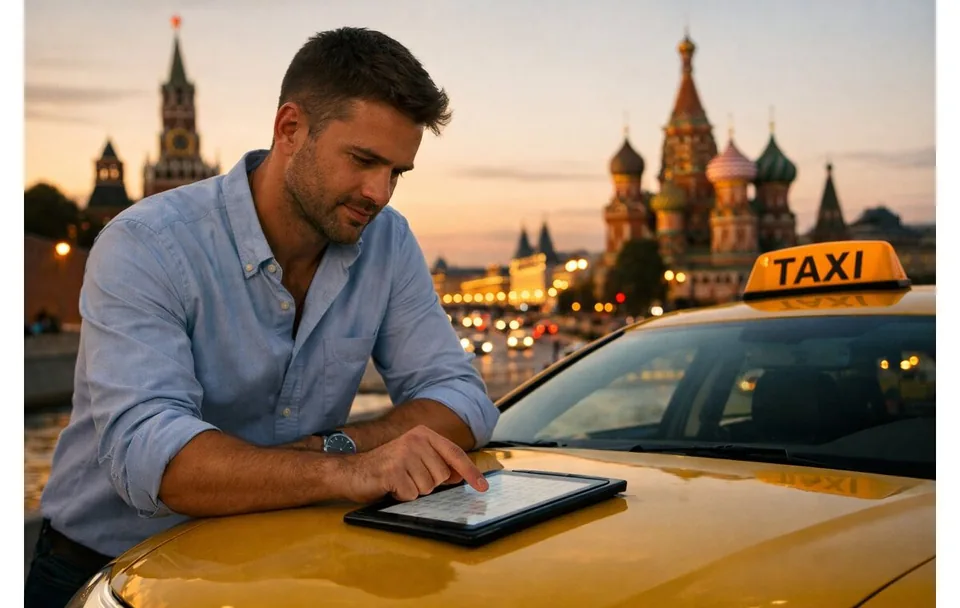 Арендованный автомобиль такси на стоянке вечером
