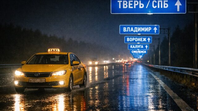 Ночной город и автомобиль такси на проспекте
